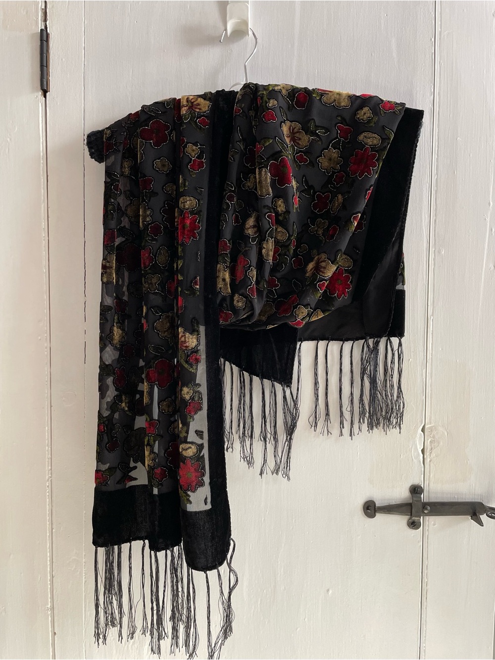 Black Floral Burn Out Velvet Floral Fringe Bohemian Scarf 21" X 60"